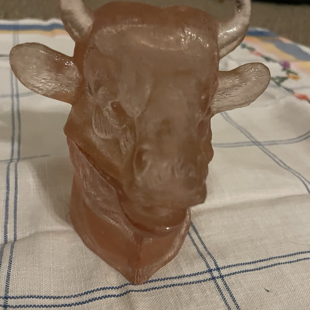 Vintage LG Wright Ferdinand The Bull Cow Head Mustard Jar Rose Pink Glass MCM - Picture 5 of 11
